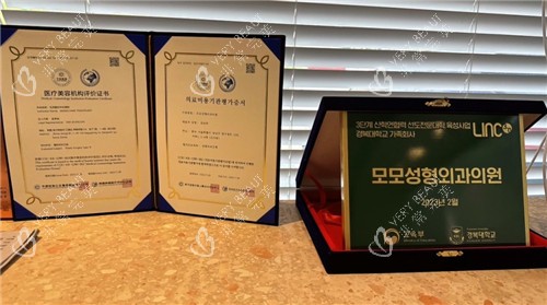 韩国毛茂医院证书展示照片